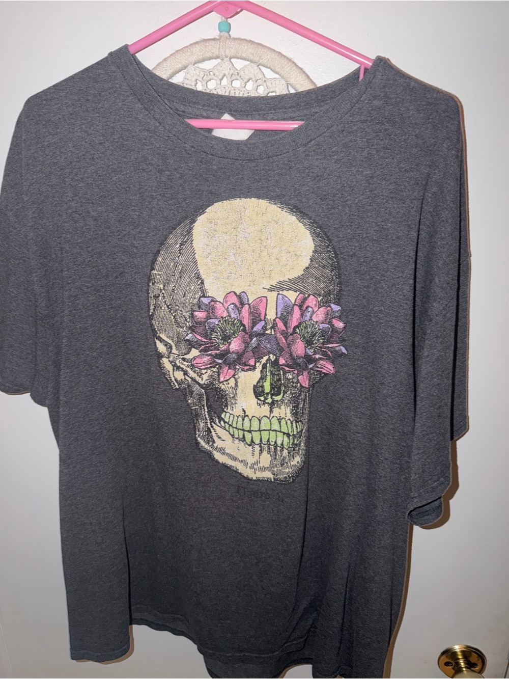 Dark Gray Skull Tee with Pink Flower Eyes- five below